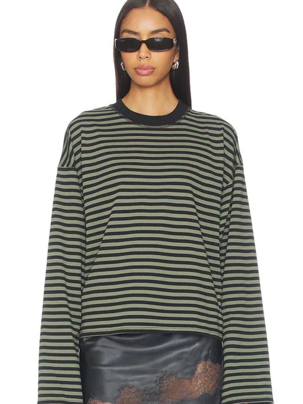 Lioness Olive and Black Striped Long-Sleeve Crewneck